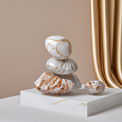 Studio photography set of high detail irregular marble stones with gold lines stacked in impossible balance, perfect composition, cinematic light photo studio, beige color scheme, indirect lighting, 8k, elegant and luxury style
